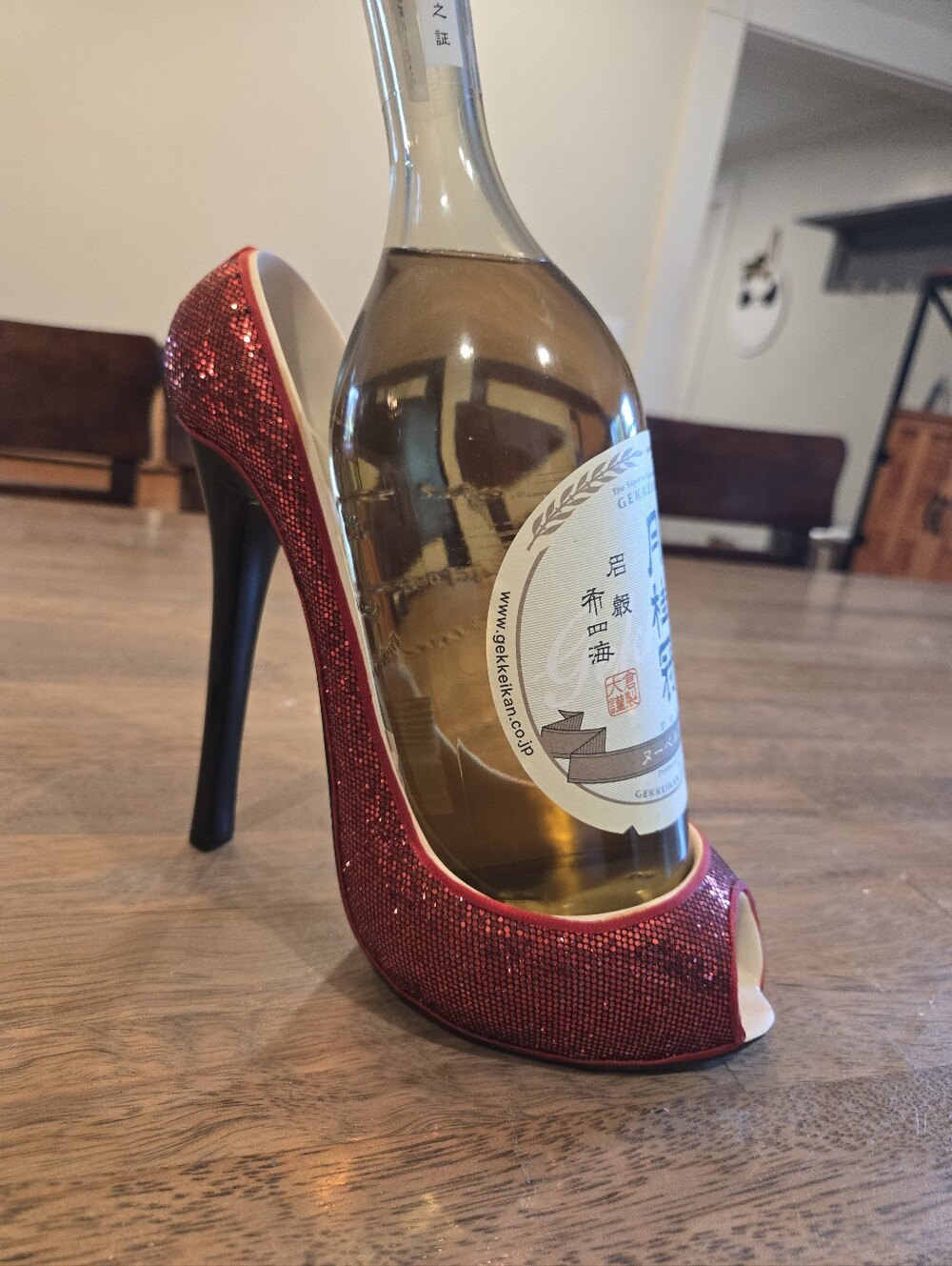 Red Glitter Peep-Toe High Heel Wine Bottle Holder